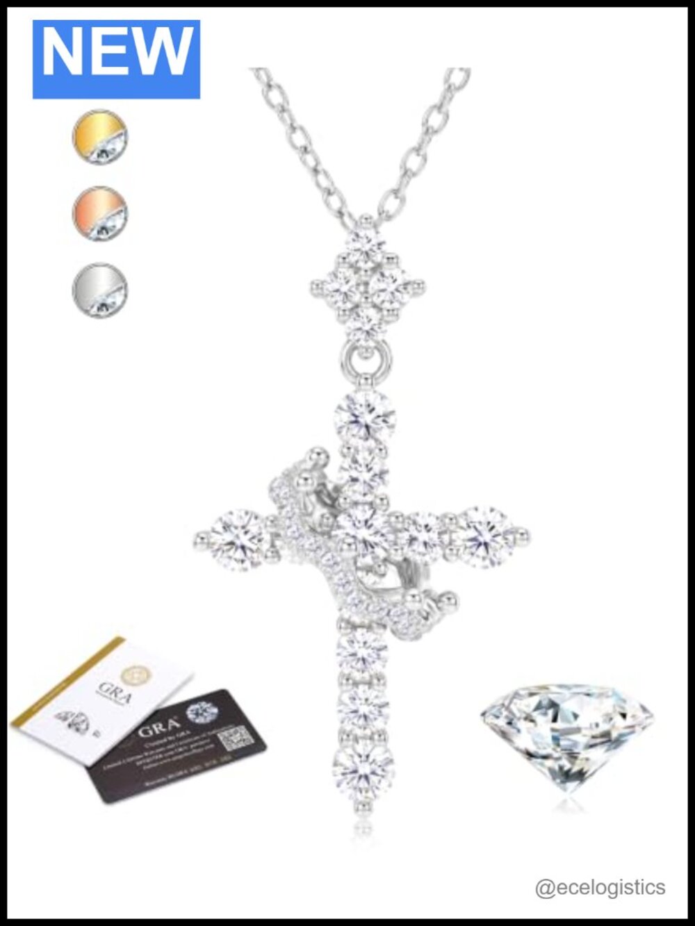 Moissanite Cross Necklace 925 Sterling Silver 14K Gold Plated Crown Pendant